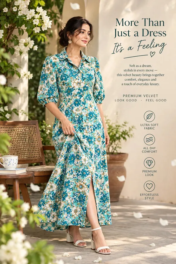 Green_Floral_Print_Gathered_Waist_Midi_Dress_For_Women