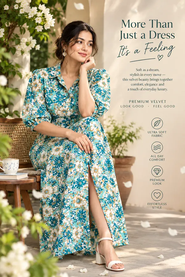 Green_Floral_Print_Gathered_Waist_Midi_Dress_For_Women