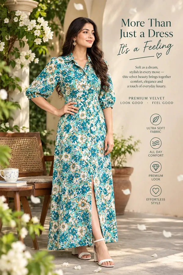 Green_Floral_Print_Gathered_Waist_Midi_Dress_For_Women