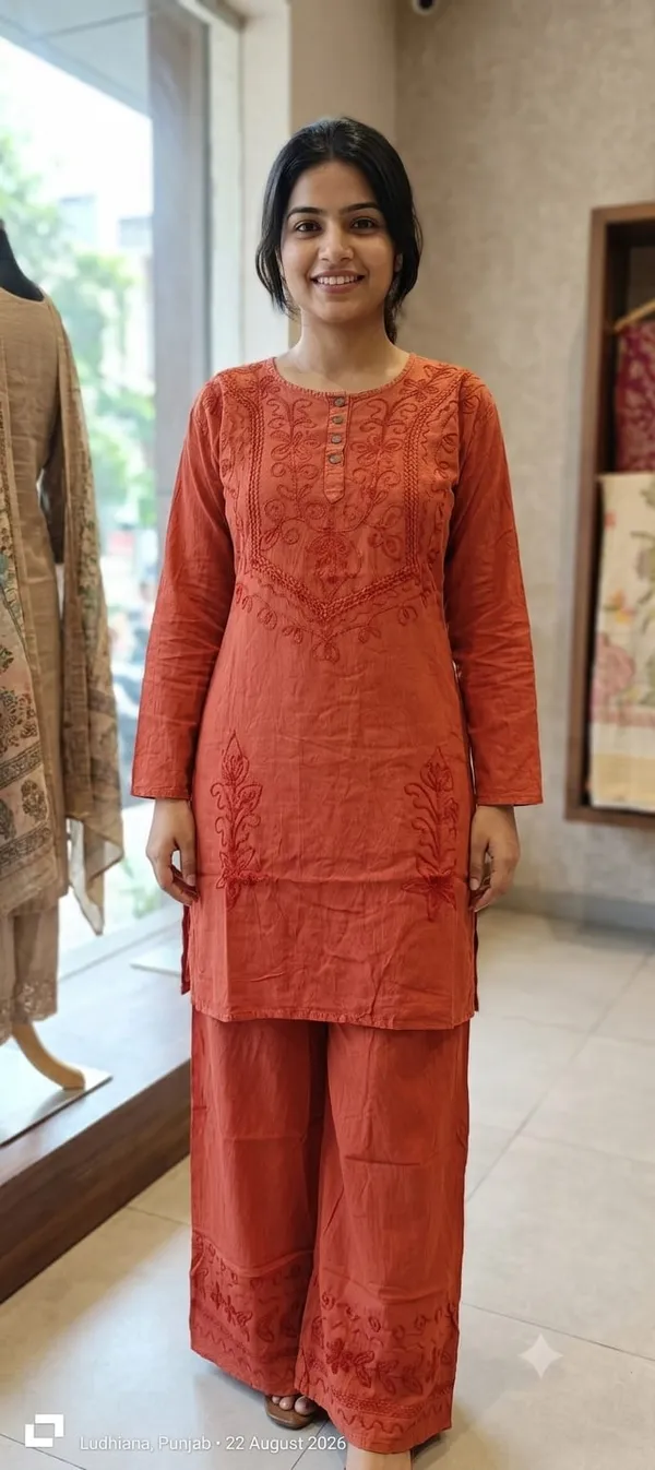 Rust_Cotton_Embroidered_Kurta_Set_For_Women