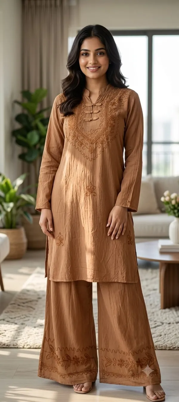 Brown_Embroidered_Kurta_Palazzo_Set_For_Women