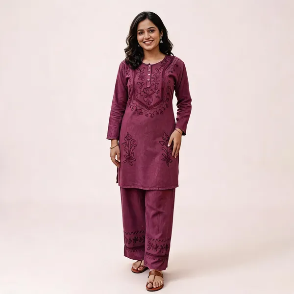 Maroon_Embroidered_Straight_Kurta_Set_For_Women