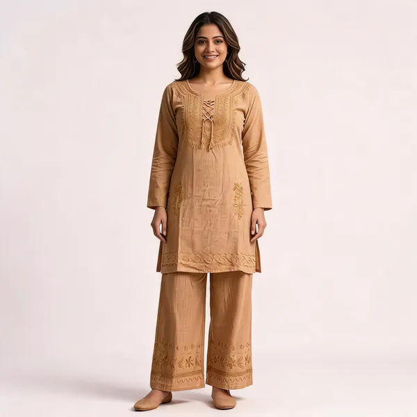 Tan_Embroidered_Straight_Kurta_Pant_Set_For_Women