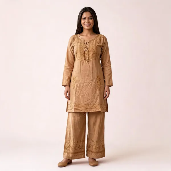 Tan_Embroidered_Straight_Kurta_Pant_Set_For_Women