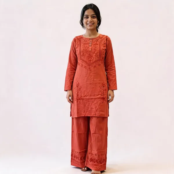 Rust_Cotton_Embroidered_Kurta_Set_For_Women