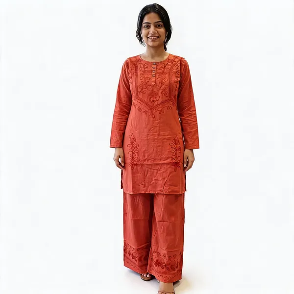 Rust_Cotton_Embroidered_Kurta_Set_For_Women