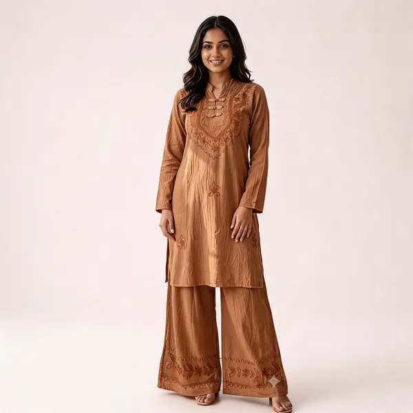 Brown_Embroidered_Kurta_Palazzo_Set_For_Women