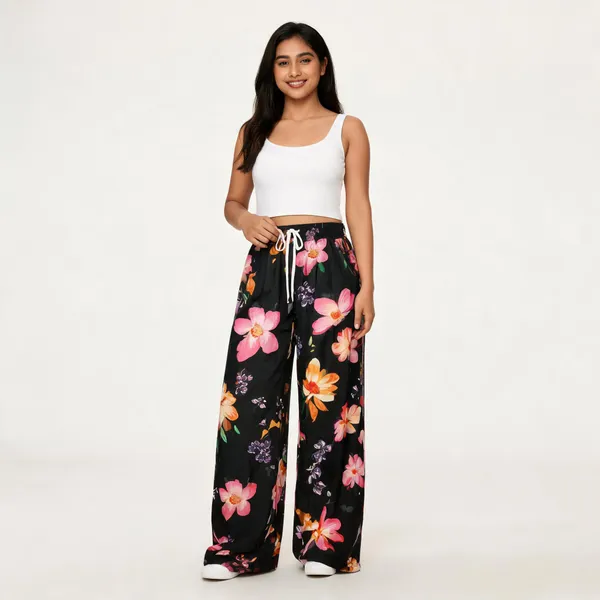 Black_Floral_Print_Wide_Leg_Pants_For_Women