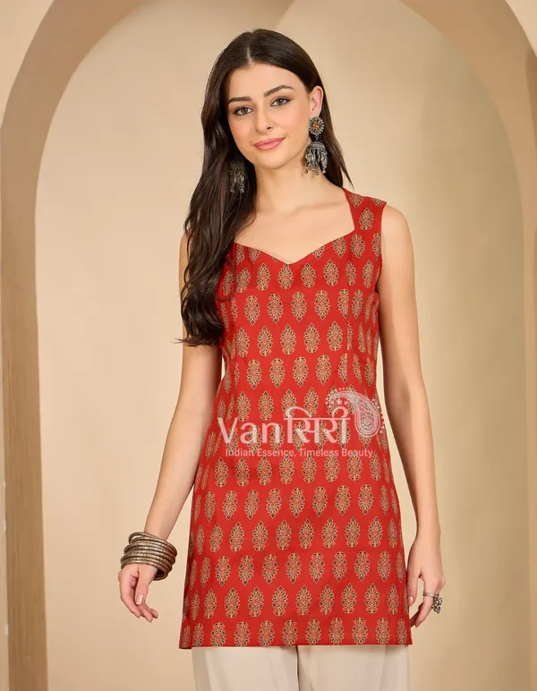 Red_Pure_Cotton_Sleeveless_Kurti_For_Women