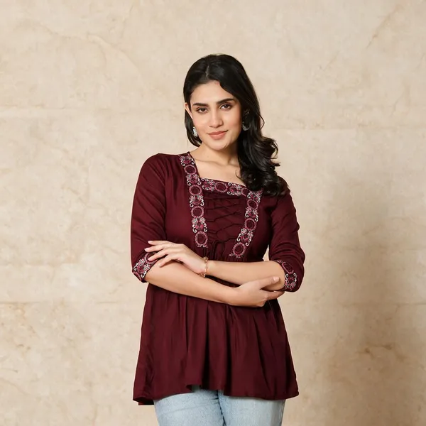 Maroon_Rayon_Flared_Kurti_For_Women
