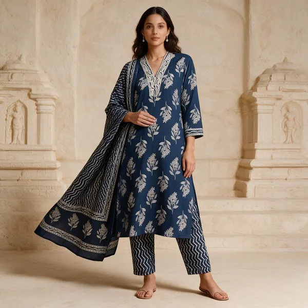 Blue_Cambric_Cotton_Straight_Kurta_Set_With_Dupatta_For_Women