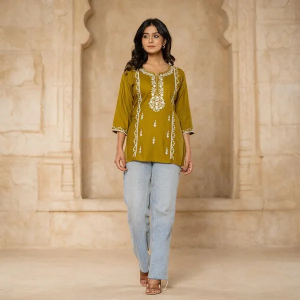 Mustard_Rayon_Straight_Kurti_For_Women