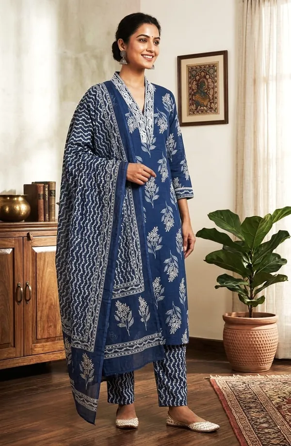 Blue_Cambric_Cotton_Straight_Kurta_Set_With_Dupatta_For_Women