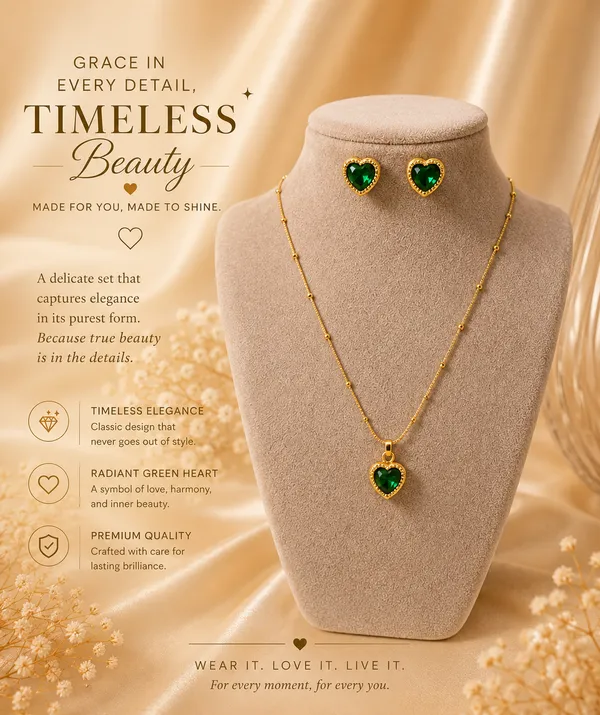 Gold_Stainless_Steel_Green_Heart_Necklace_And_Earrings_Set_For_Women