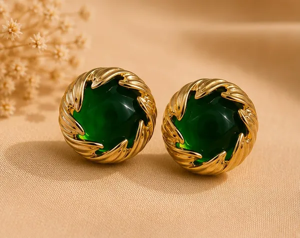 Gold_Stainless_Steel_Green_Stone_Stud_Earrings_For_Women