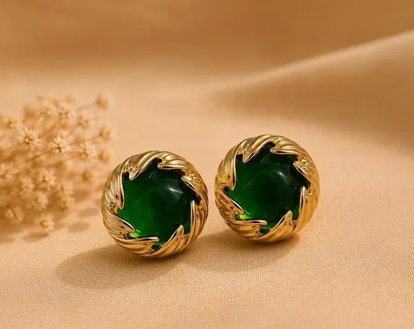 Gold_Stainless_Steel_Green_Stone_Stud_Earrings_For_Women