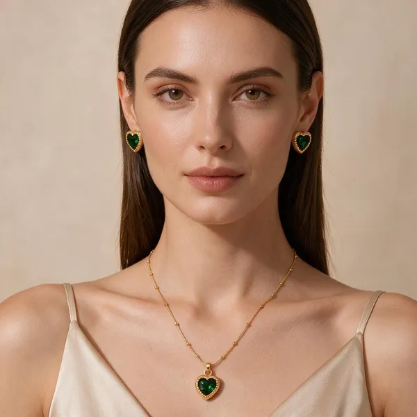 Gold_Stainless_Steel_Green_Heart_Necklace_And_Earrings_Set_For_Women