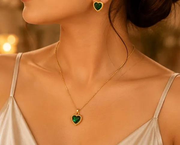Gold_Stainless_Steel_Green_Heart_Necklace_And_Earrings_Set_For_Women