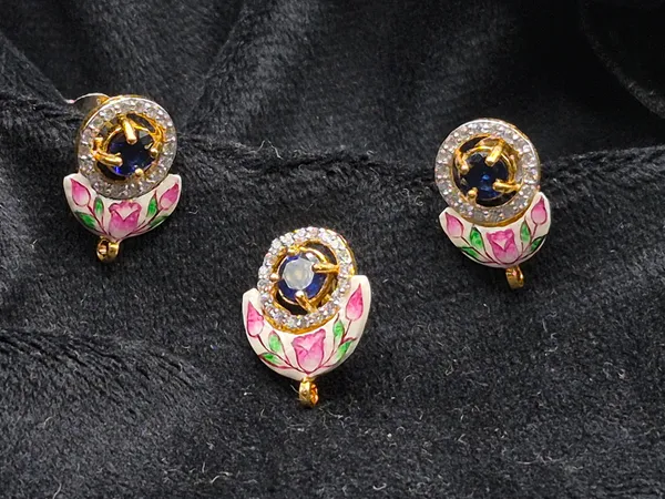 Gold_&_Pink_925_Silver_Enamel_Floral_Jewellery_Set_For_Women