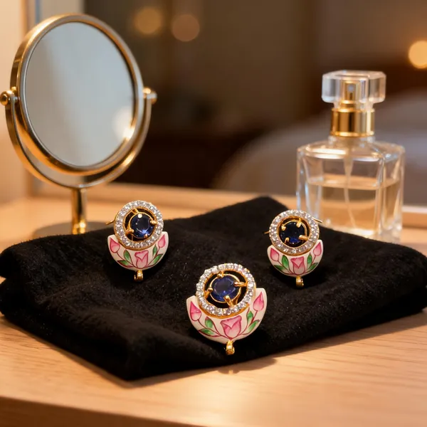 Gold_&_Pink_925_Silver_Enamel_Floral_Jewellery_Set_For_Women