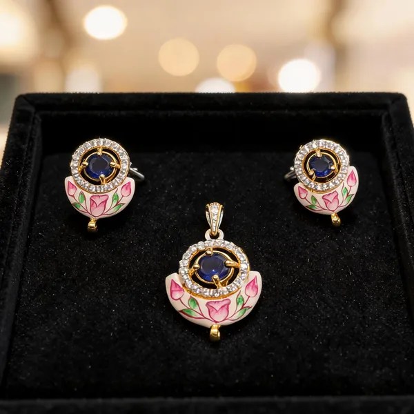 Gold_&_Pink_925_Silver_Enamel_Floral_Jewellery_Set_For_Women