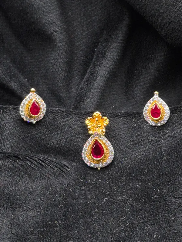 Gold_Red_925_Sterling_Silver_Teardrop_Pendant_Earrings_Set_For_Women