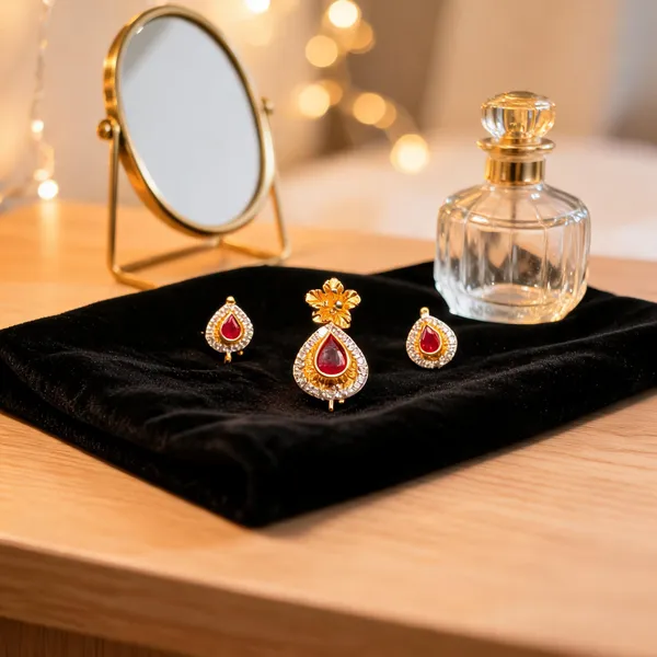 Gold_Red_925_Sterling_Silver_Teardrop_Pendant_Earrings_Set_For_Women