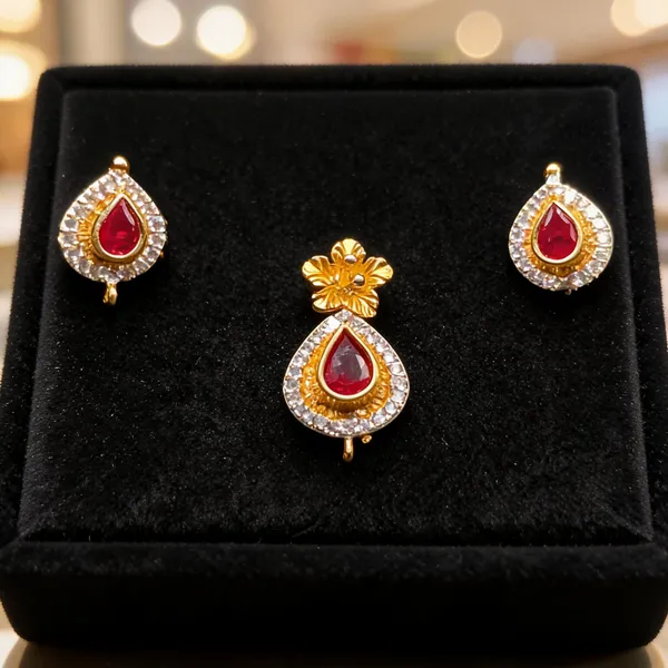 Gold_Red_925_Sterling_Silver_Teardrop_Pendant_Earrings_Set_For_Women