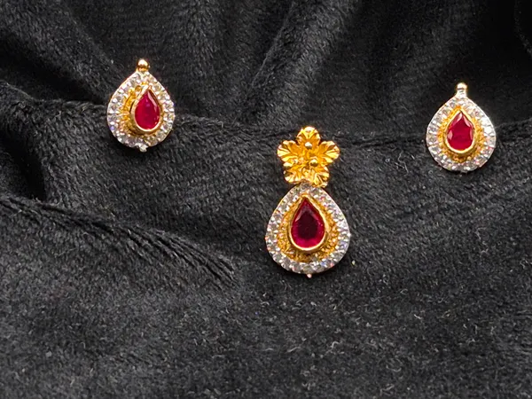 Gold_Red_925_Sterling_Silver_Teardrop_Pendant_Earrings_Set_For_Women