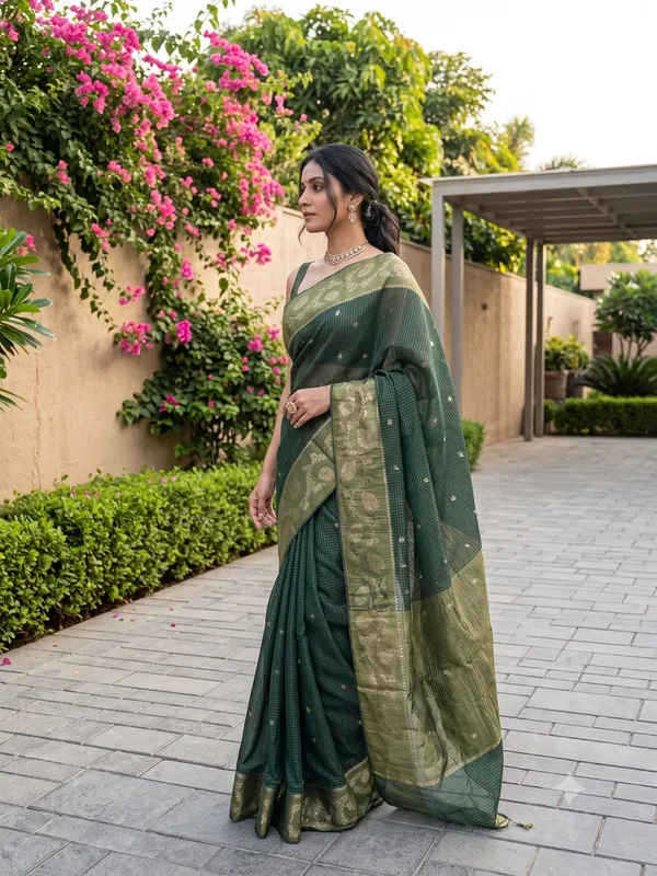Dark_Green_Woven_Checked_Saree_for_Women