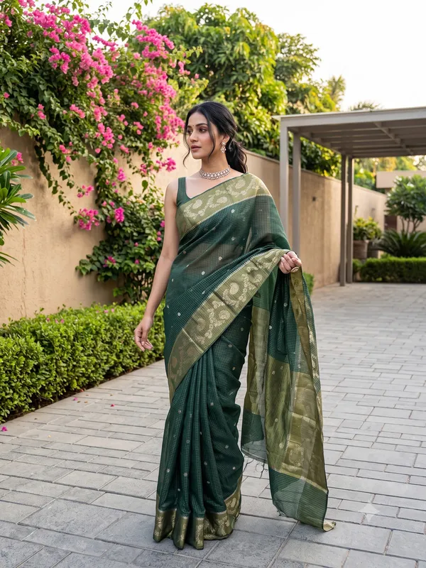 Dark_Green_Woven_Checked_Saree_for_Women