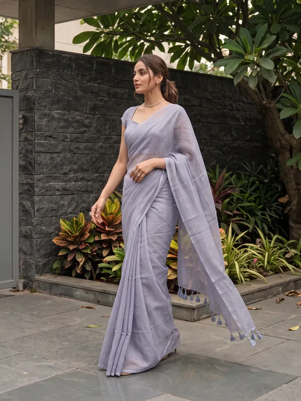 Lavender_Sheer_Plain_Saree_With_Tassel_Border_for_Women