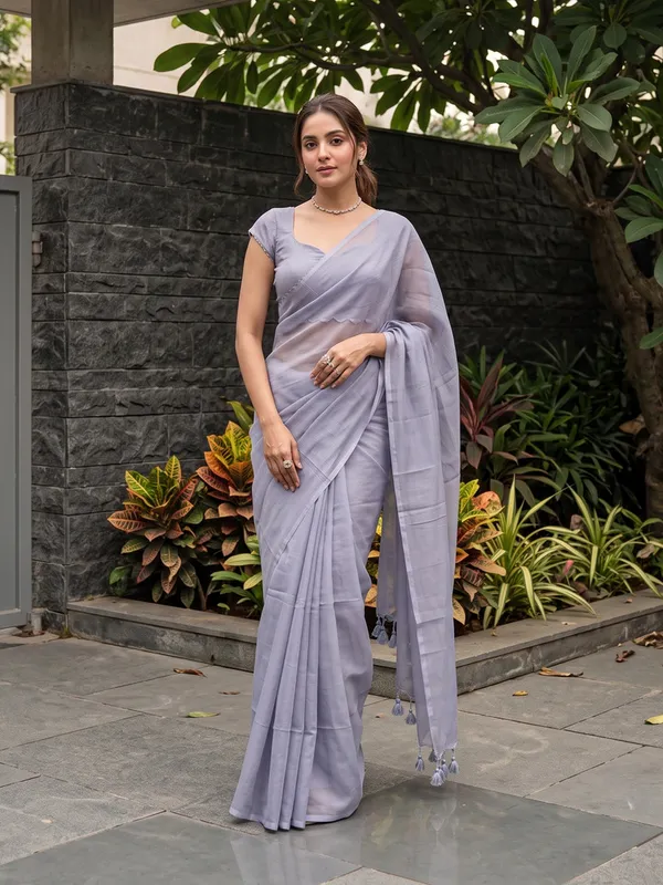 Lavender_Sheer_Plain_Saree_With_Tassel_Border_for_Women