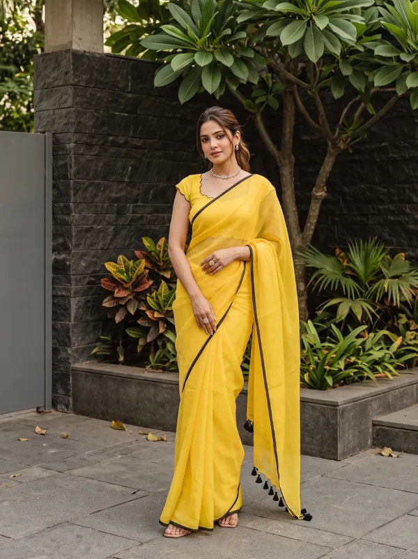 Yellow_Sheer_Saree_With_Tassel_Border_for_Women