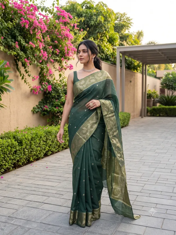 Dark_Green_Woven_Checked_Saree_for_Women
