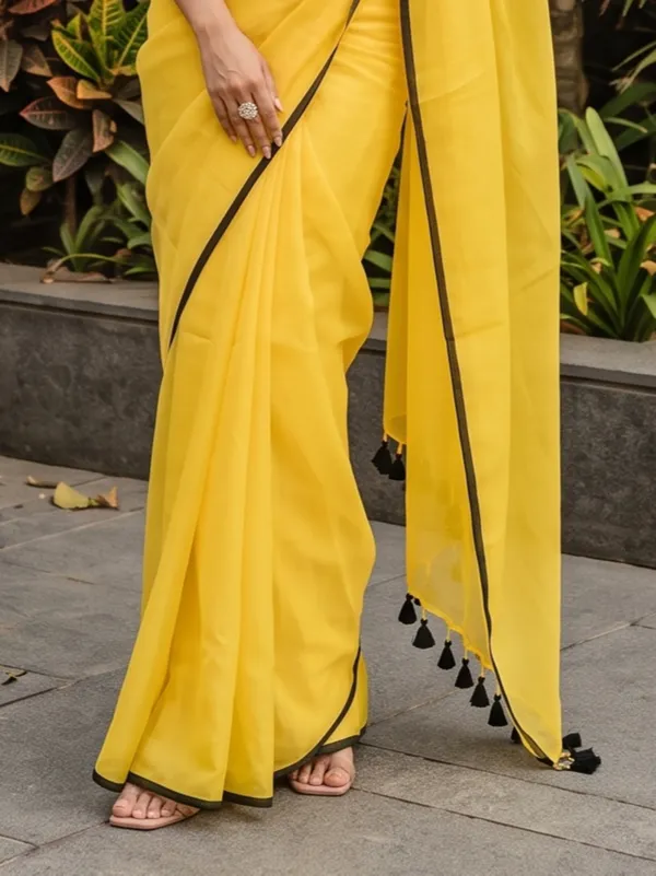 Yellow_Sheer_Saree_With_Tassel_Border_for_Women