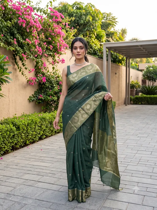 Dark_Green_Woven_Checked_Saree_for_Women