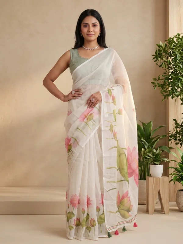 White_Sheer_Floral_Print_Saree_for_Women