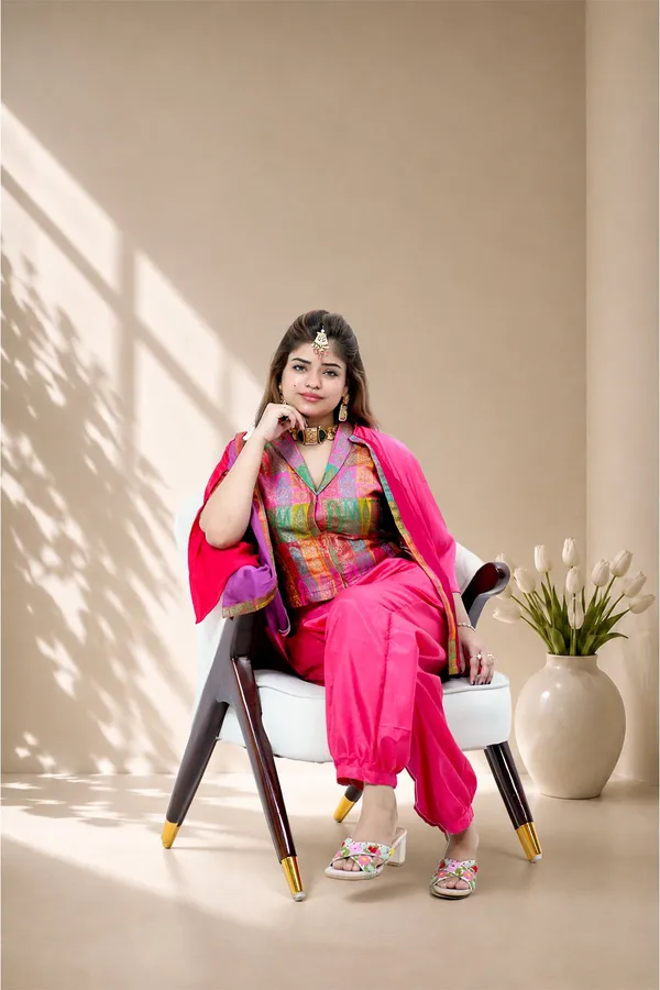 Fuchsia_Pink_3_Piece_Festive_Co_Ord_Set_With_Embroidered_Cape