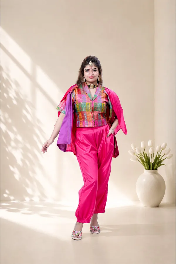 Fuchsia_Pink_3_Piece_Festive_Co_Ord_Set_With_Embroidered_Cape