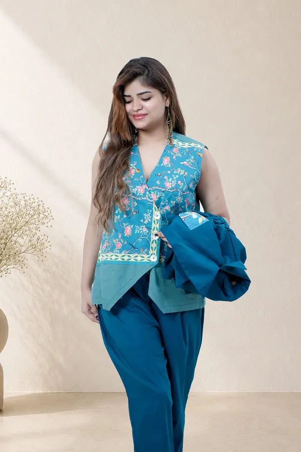 Teal_Blue_3_Piece_Pantsuit_With_Floral_Waistcoat