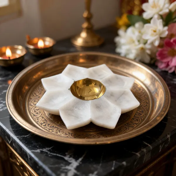 White_Lotus_Design_Diya_With_Gold-Toned_Oil_Cup