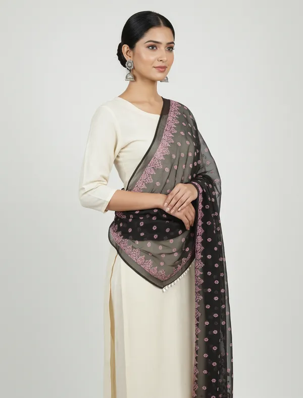 Black_Organza_Floral_Print_Dupatta_For_Women