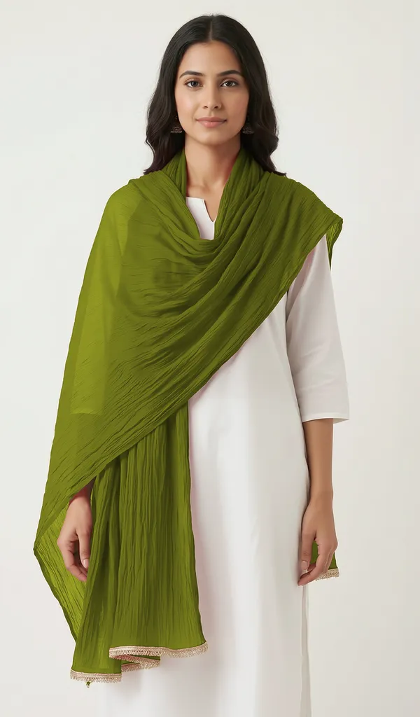 Olive_Green_Chiffon_Crinkled_Lace_Trim_Dupatta_For_Women