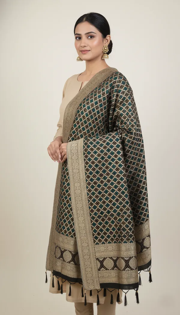 Green_Beige_Banarasi_Khaddi_Geometric_Dupatta_For_Women