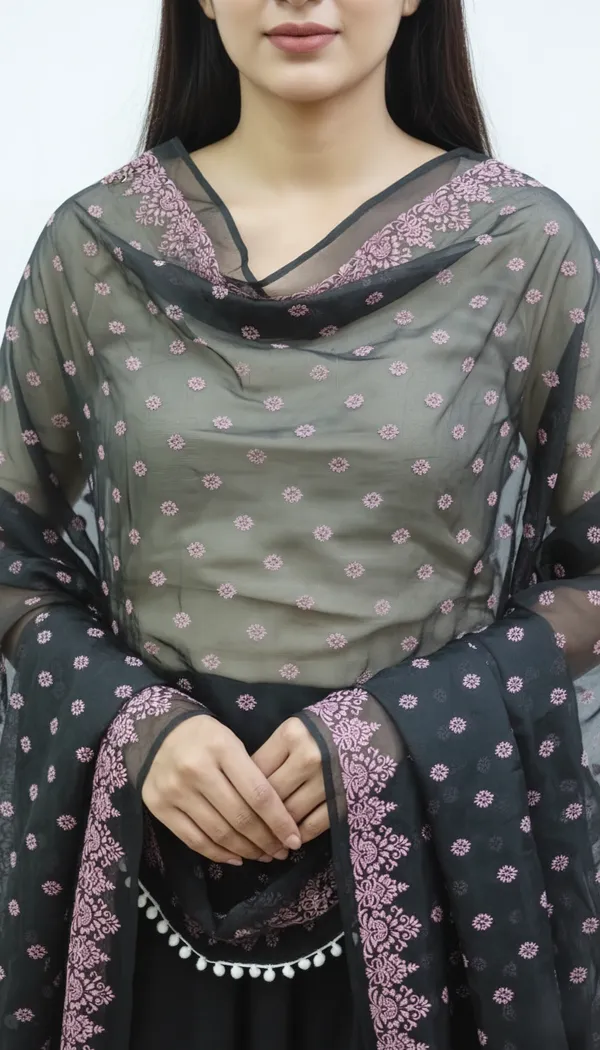 Black_Organza_Floral_Print_Dupatta_For_Women