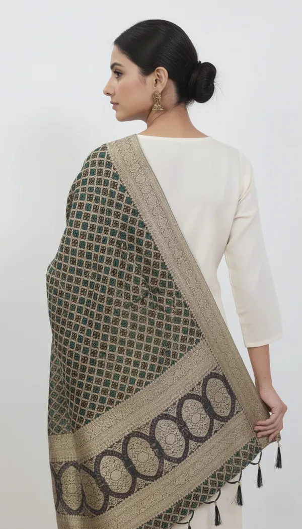 Green_Beige_Banarasi_Khaddi_Geometric_Dupatta_For_Women