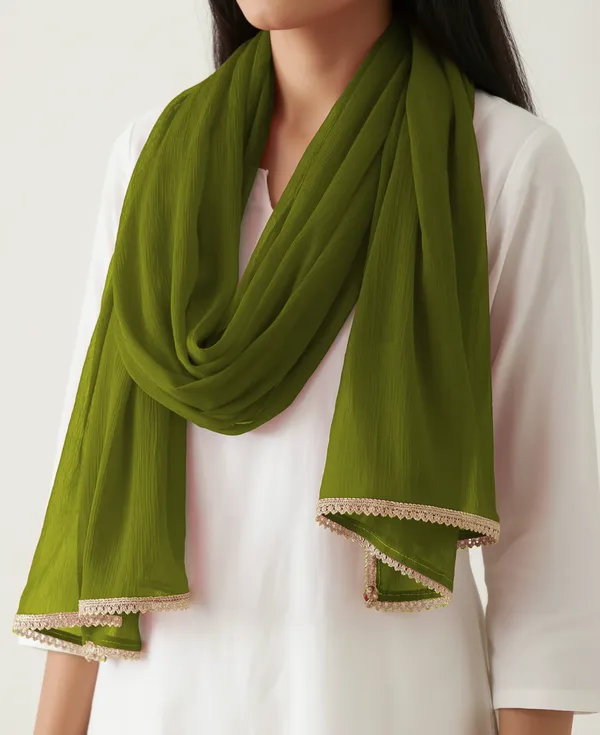 Olive_Green_Chiffon_Crinkled_Lace_Trim_Dupatta_For_Women