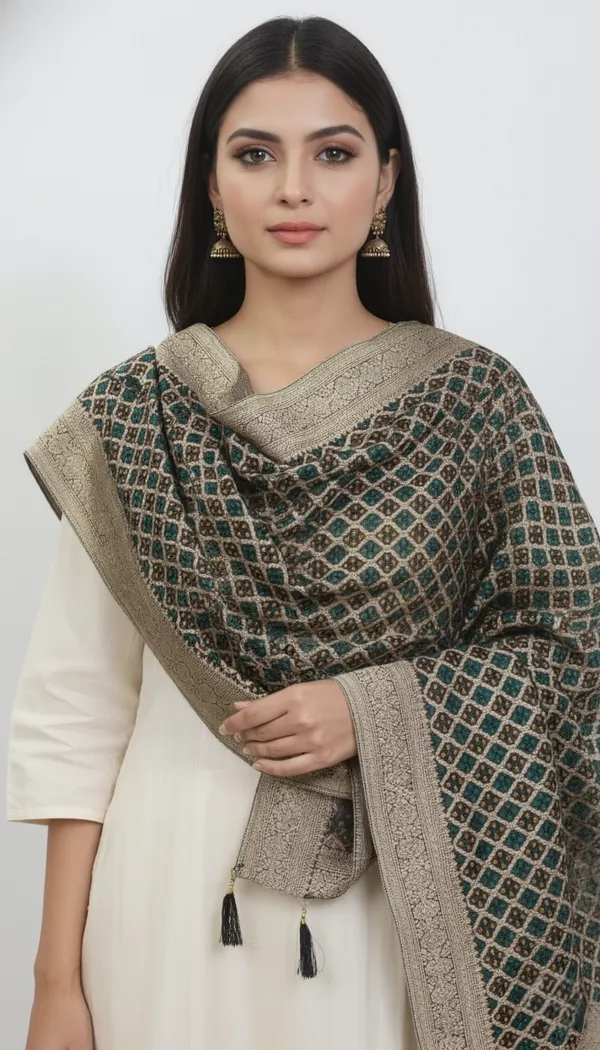 Green_Beige_Banarasi_Khaddi_Geometric_Dupatta_For_Women