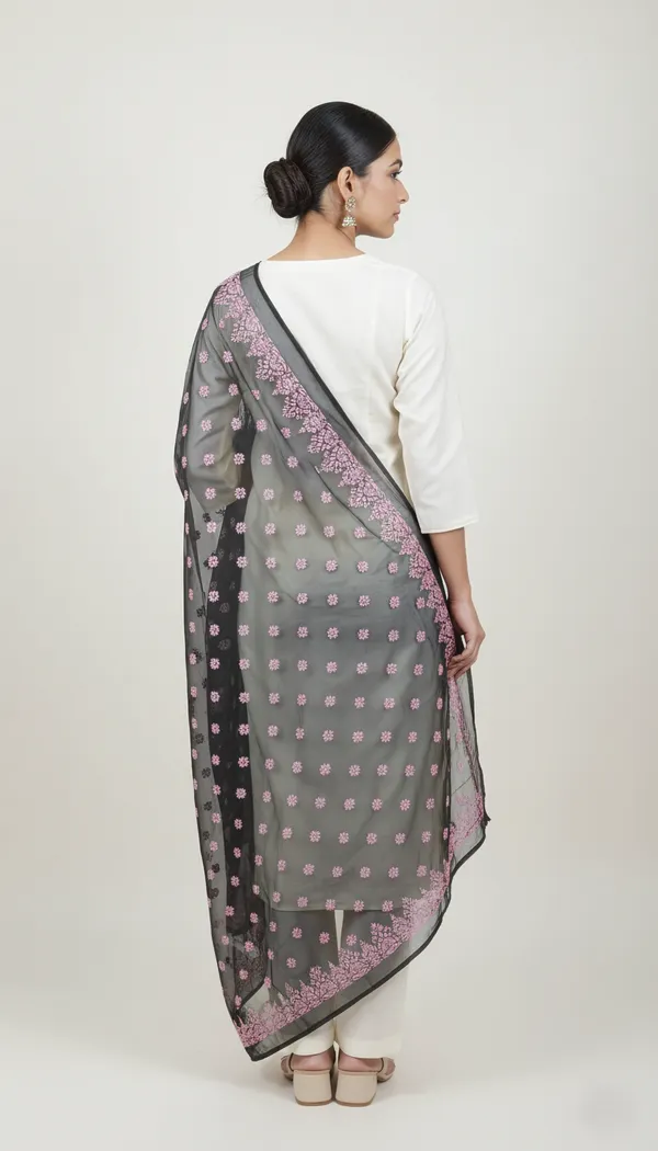 Black_Organza_Floral_Print_Dupatta_For_Women